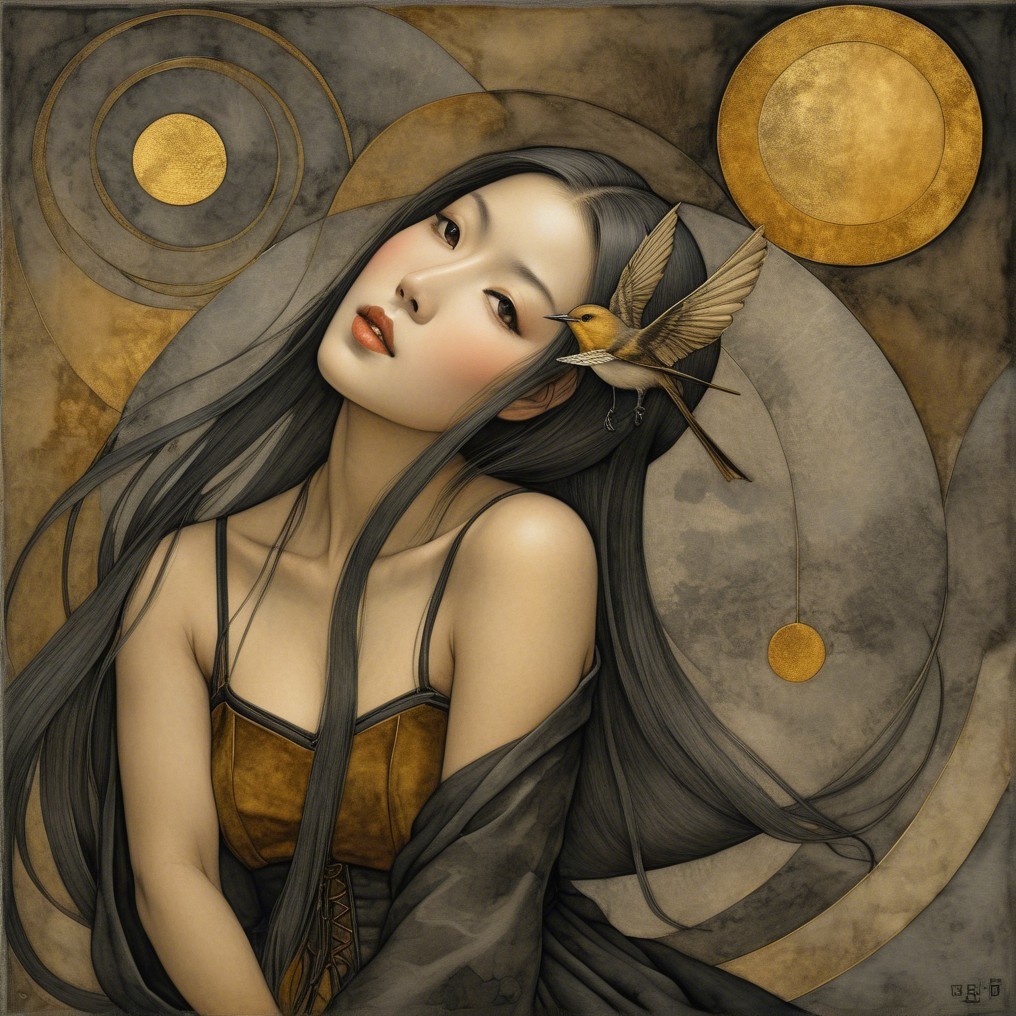 Portrait of a woman with dark hair and bird accessory