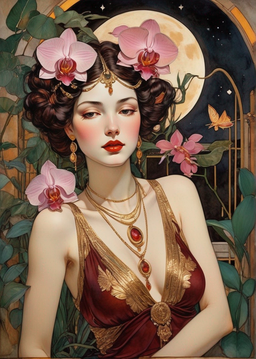 Illustrated woman with orchids in hair in red dress against moonlit starry sky