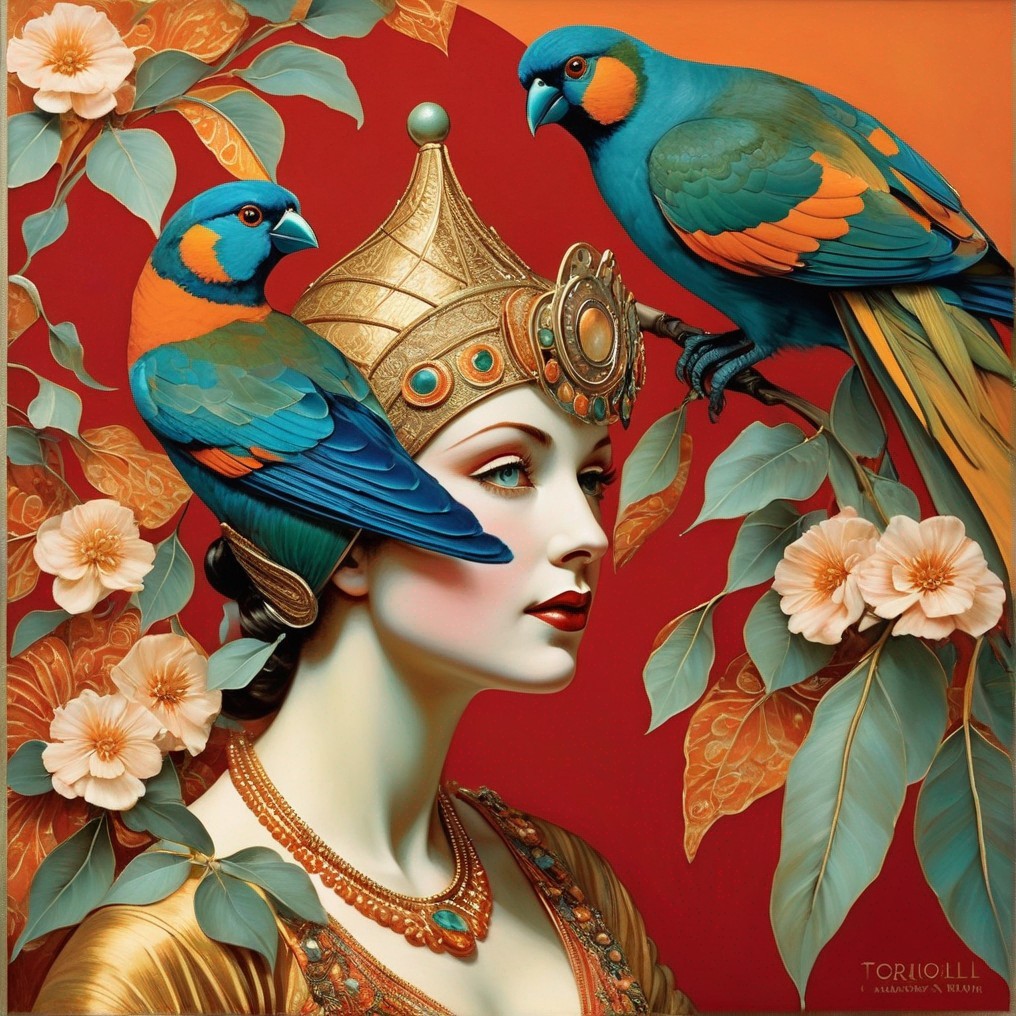 Illustrated woman with golden headdress, stylized makeup, blue birds, and orange flowers.