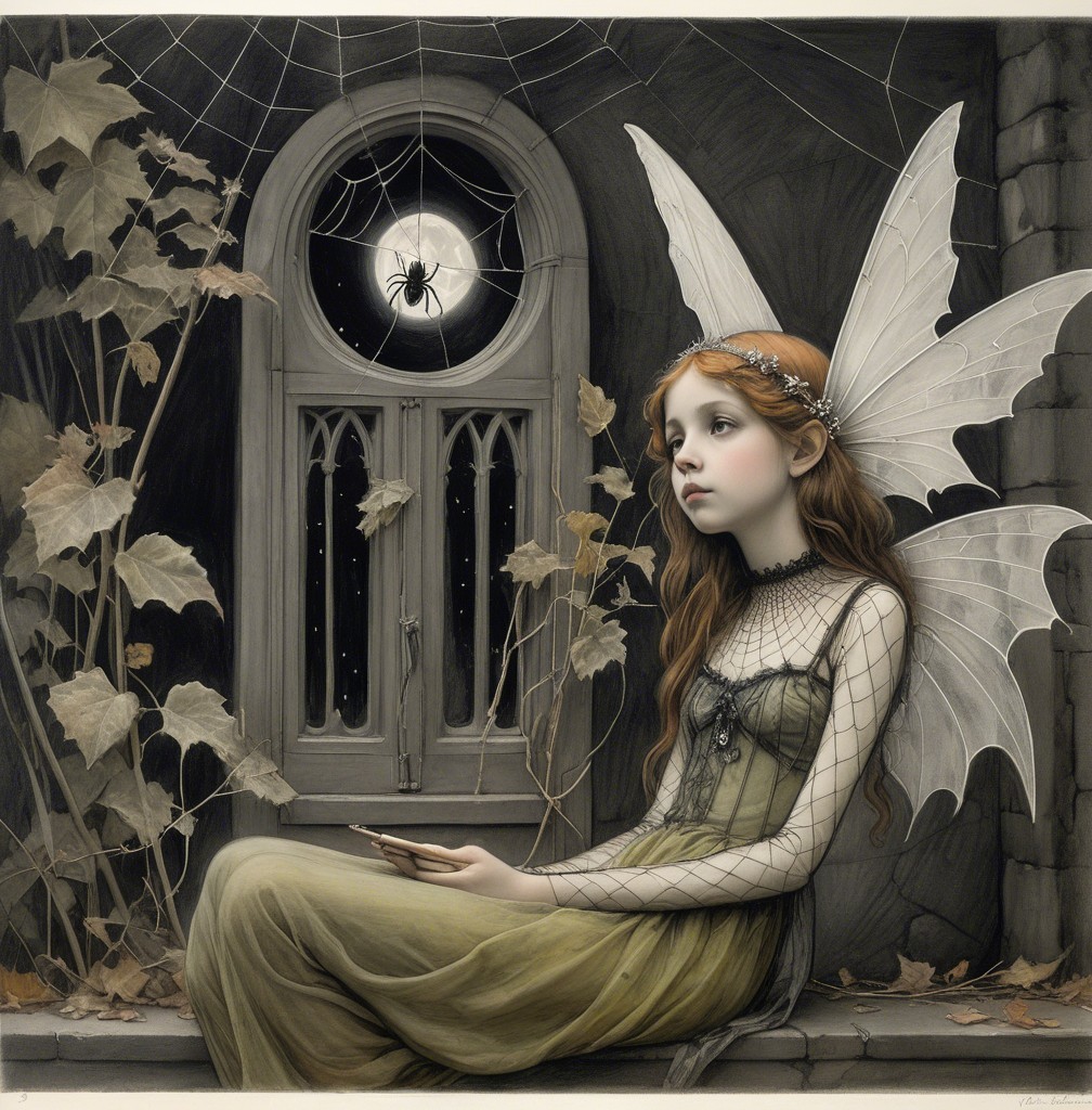 Fairy girl with wings on stone ledge by moonlit window