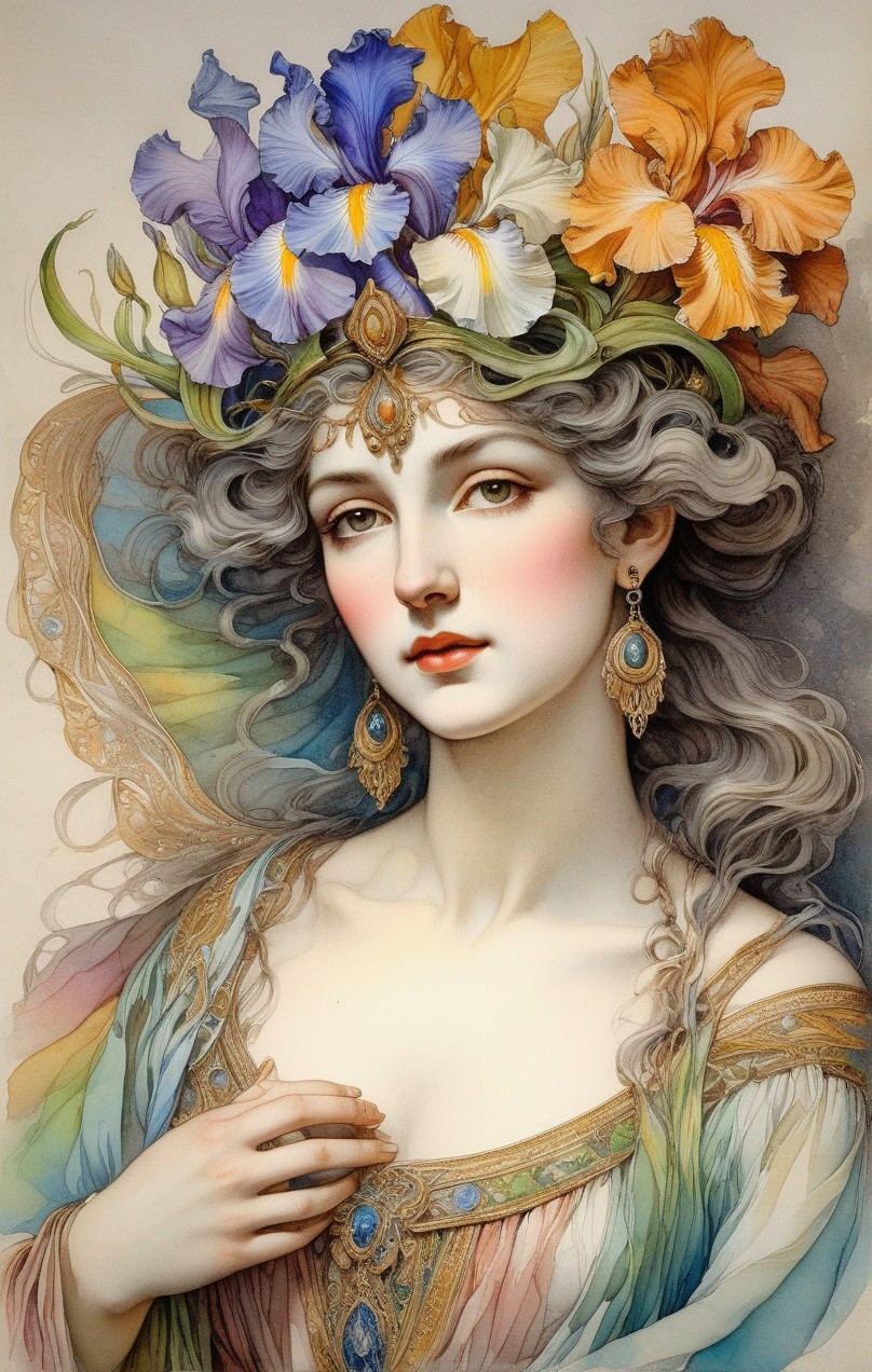 Illustration: Woman with flowing gray hair, adorned with colorful flowers, in pastel dress with jewel