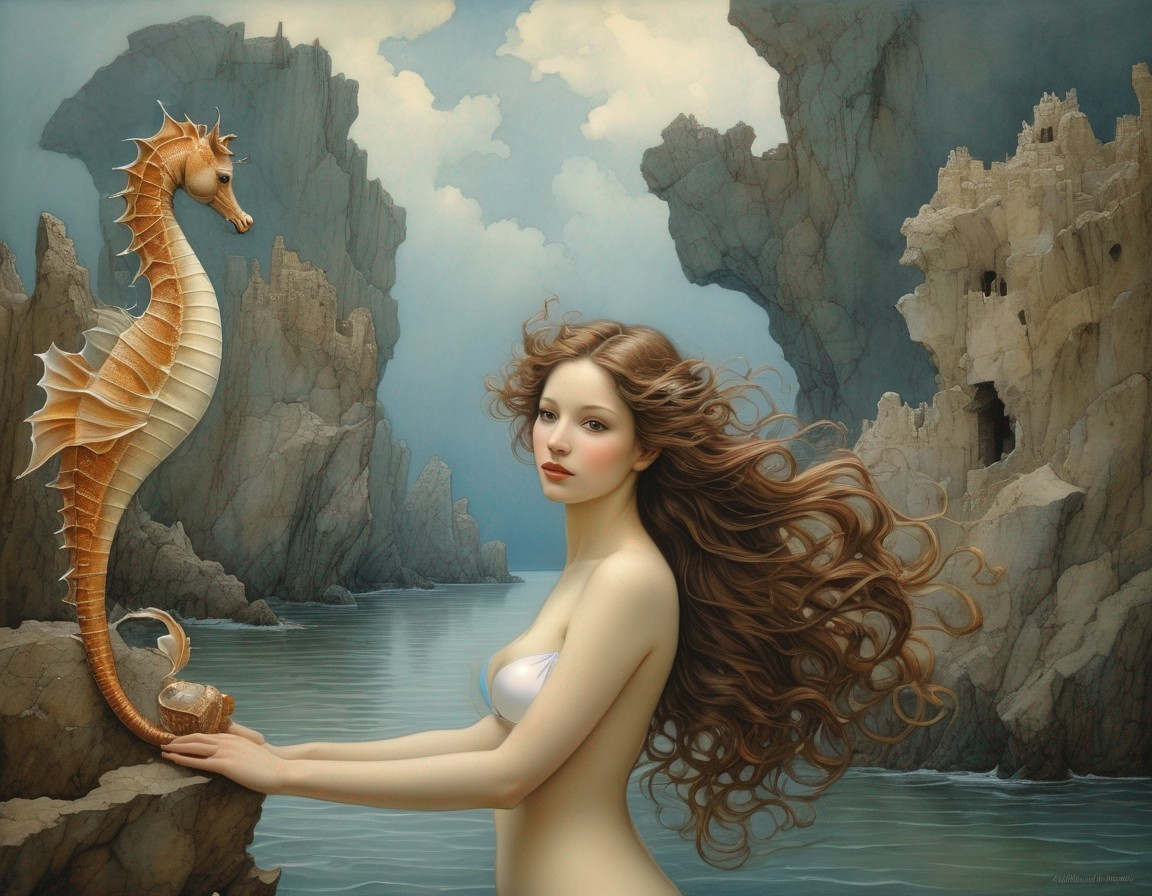 Underwater Scene with Young Woman and Fantastical Seahorse