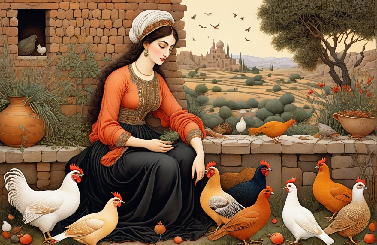 Woman in Traditional Attire Feeding Birds by Castle