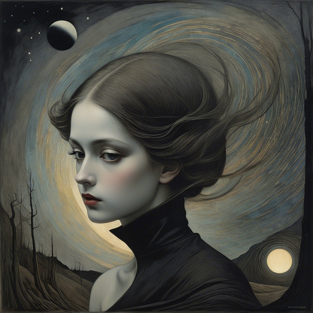 Portrait of a Woman with Flowing Hair and Celestial Scene