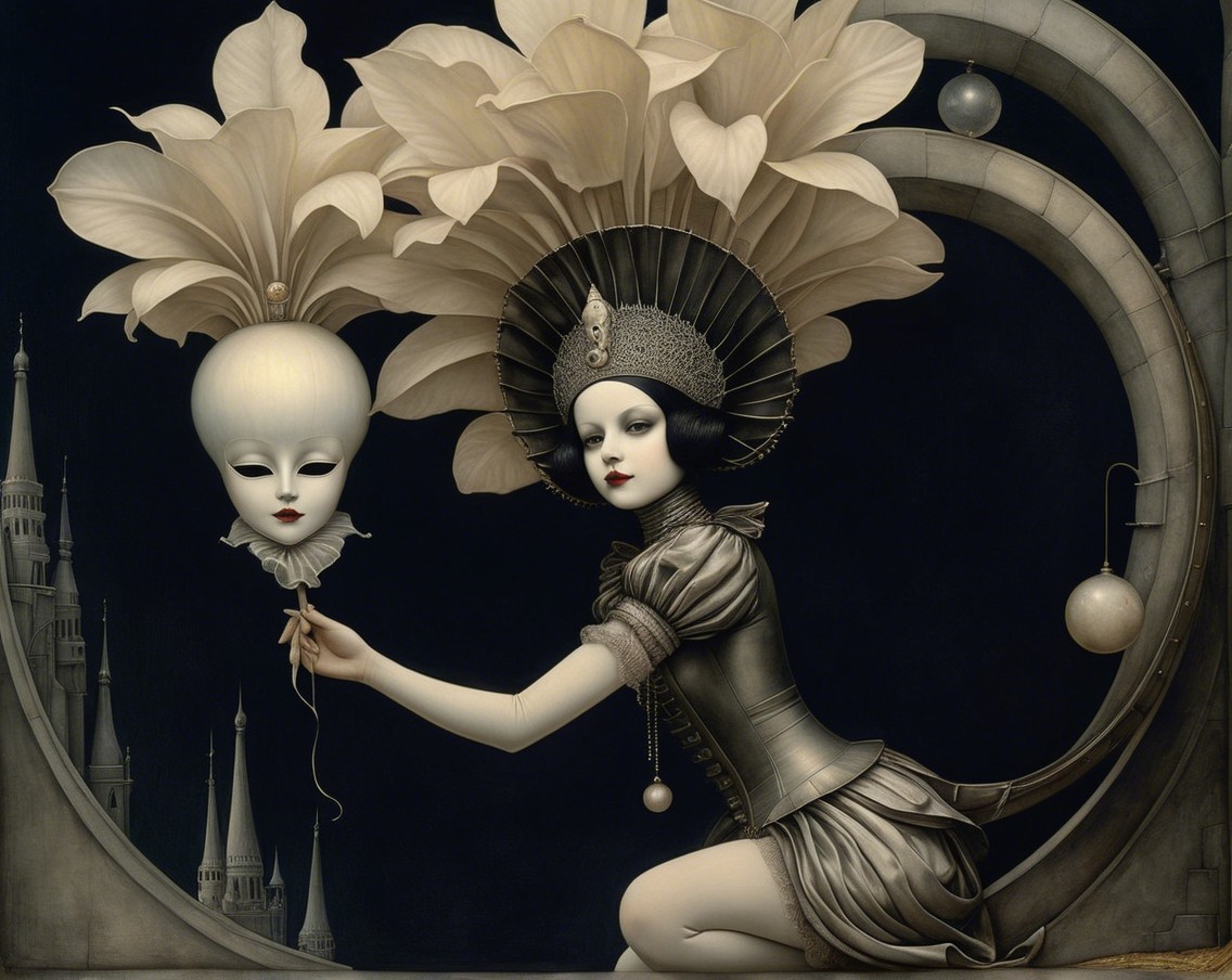 Kneeling Figure in Stylized Costume with Ethereal Flowers