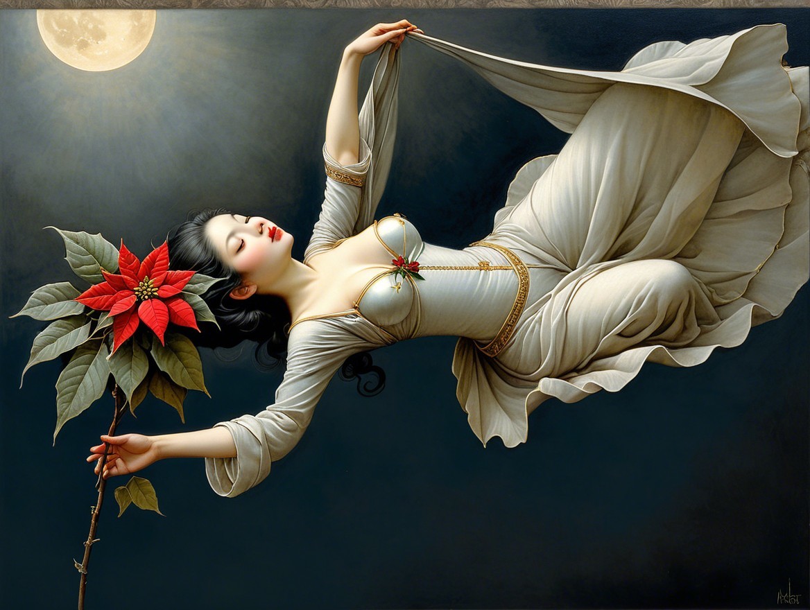 Ethereal Woman in White Gown with Poinsettia at Night