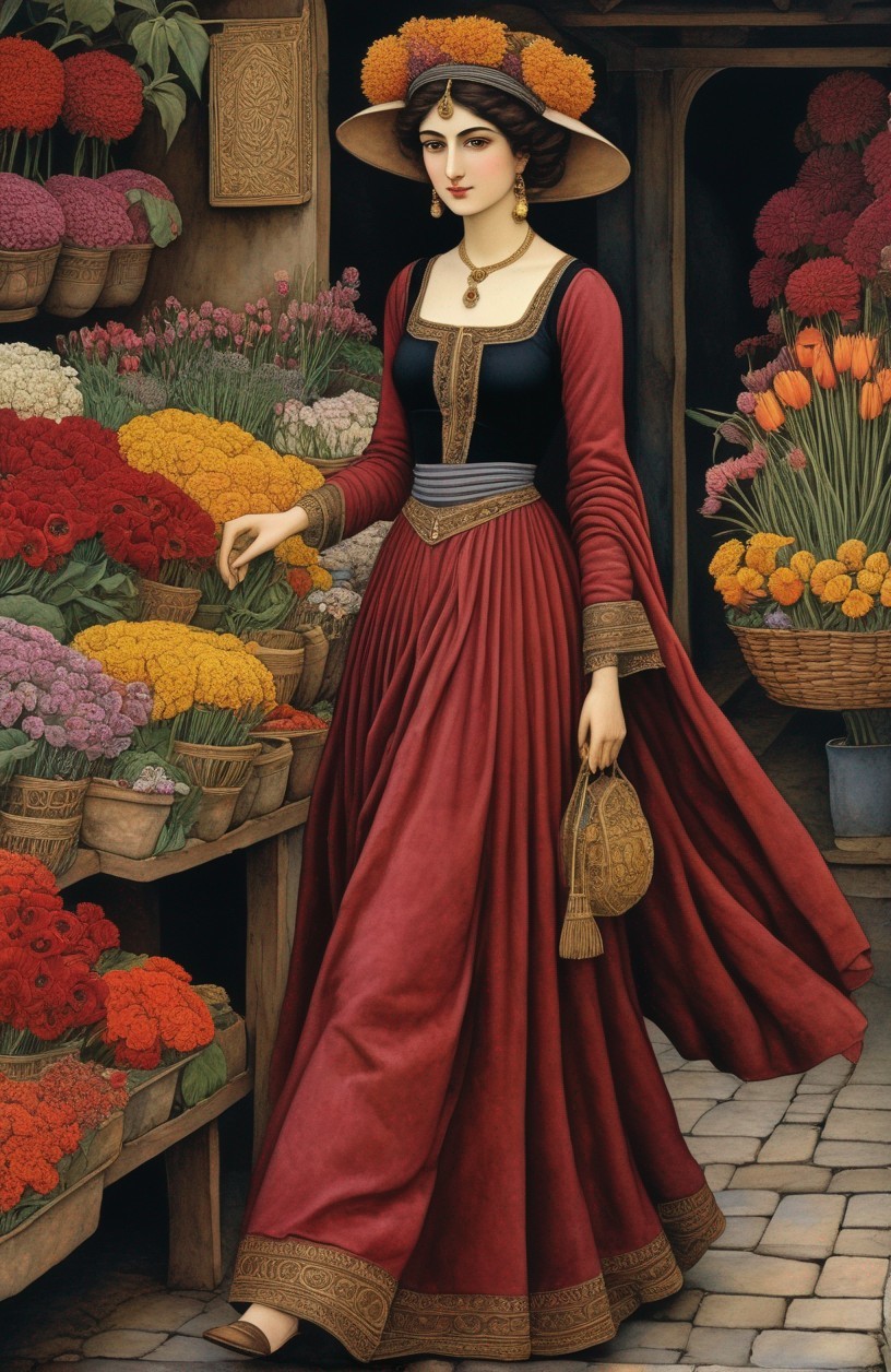 Woman in Vintage Red Dress by Colorful Tulips