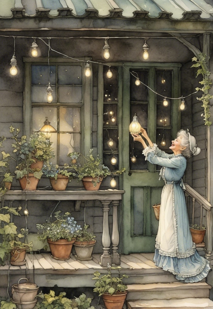 Elderly Woman with Lantern on Rustic Porch Illustration