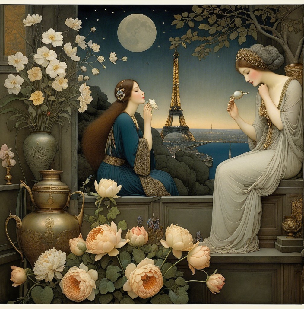 Elegant Women in Nighttime Scene with Eiffel Tower