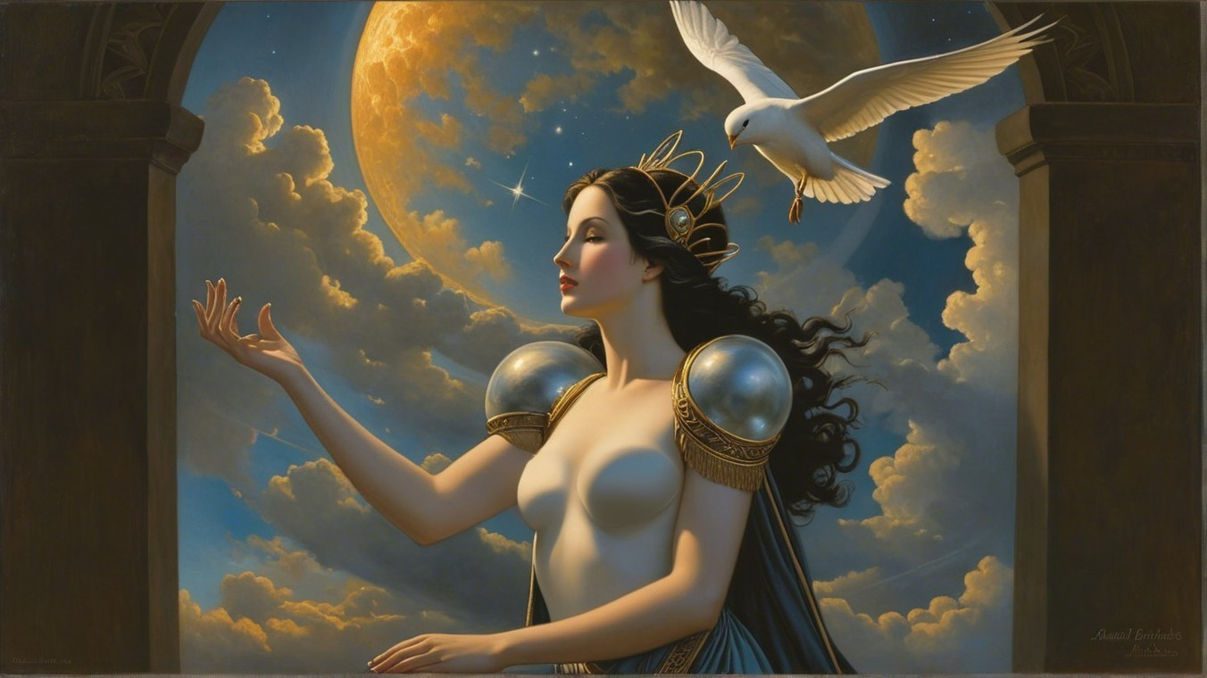Regal woman in armor with dove and moon backdrop