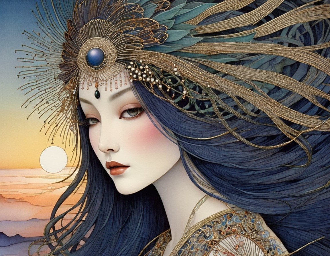 Detailed illustration of woman with ornate headwear and dark blue hair against sunset by the sea