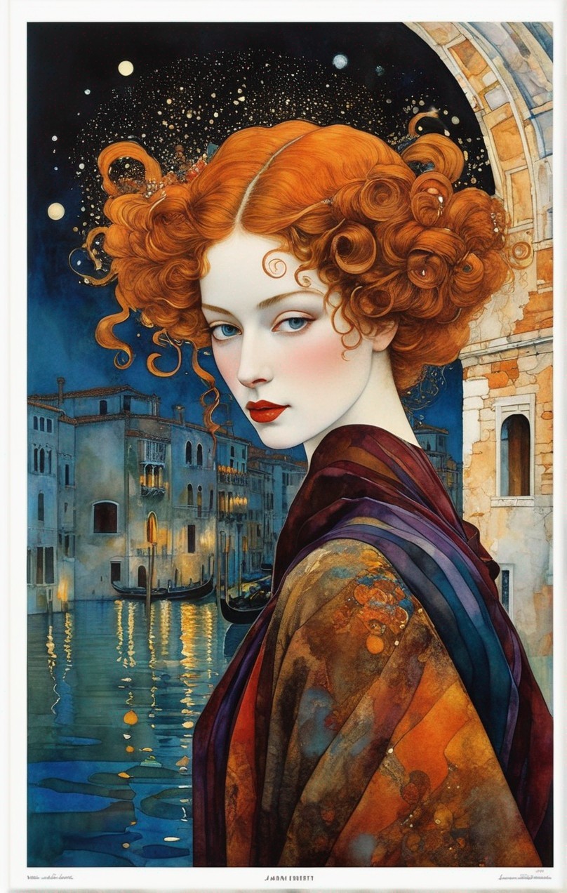 Illustrated woman with red curly hair in front of starry arch and Venetian waterway.