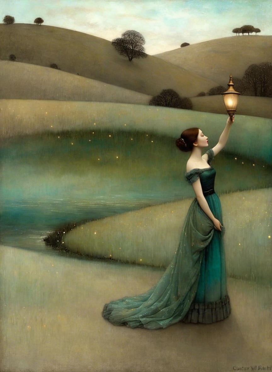 Elegant Woman in Teal Gown by Serene Water's Edge