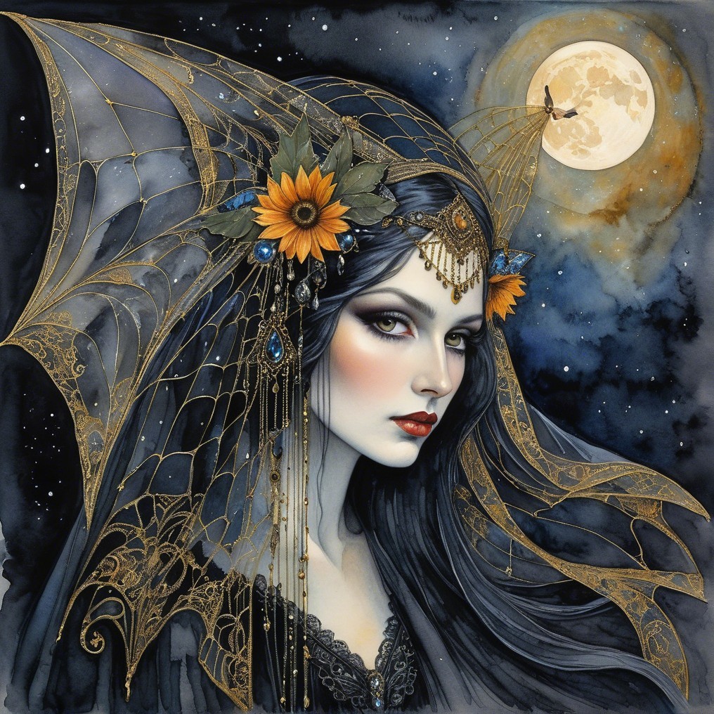 Striking Woman with Veil and Sunflowers Under Moonlight