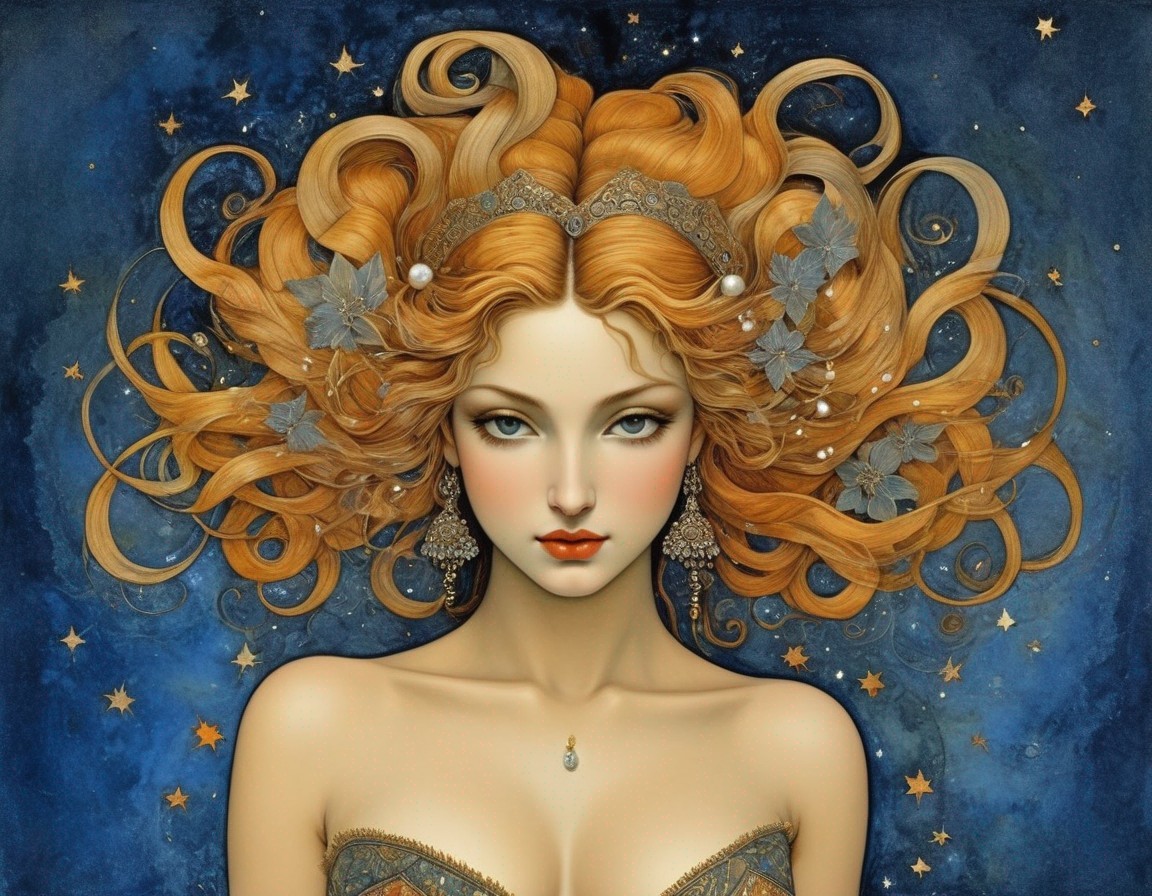 Woman with Wavy Gold and Copper Hair in Celestial Scene