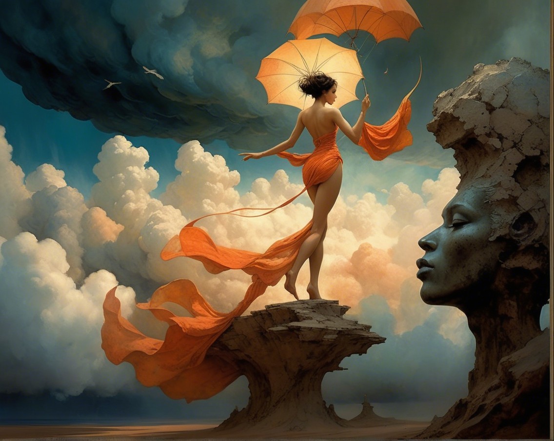 Surreal Scene with Figure in Orange Fabric and Clouds