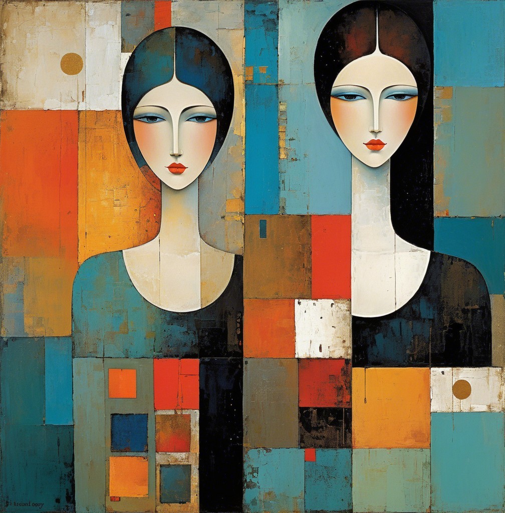 Stylized Female Figures Against Abstract Background