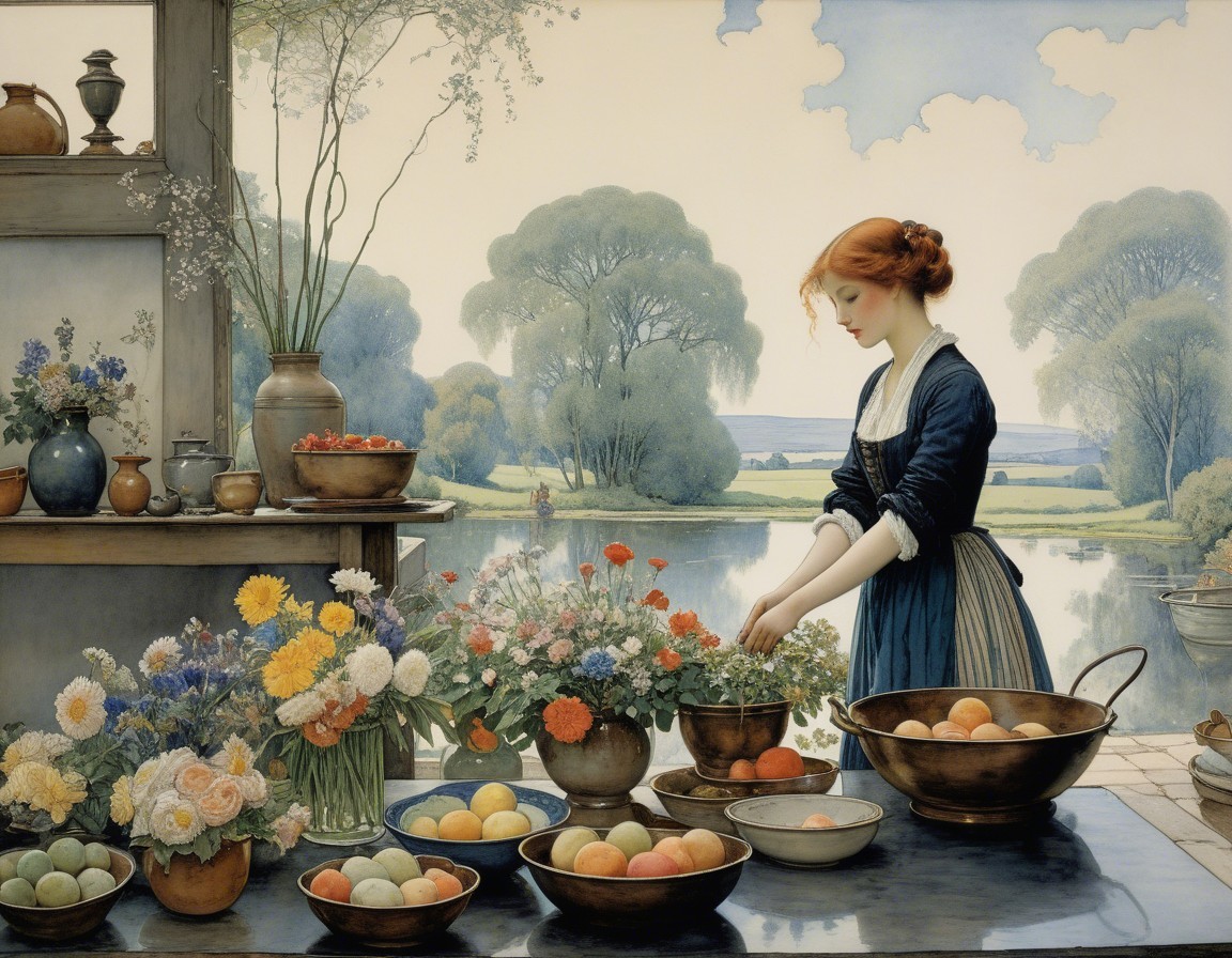 Young Woman Arranging Flowers by Tranquil Water
