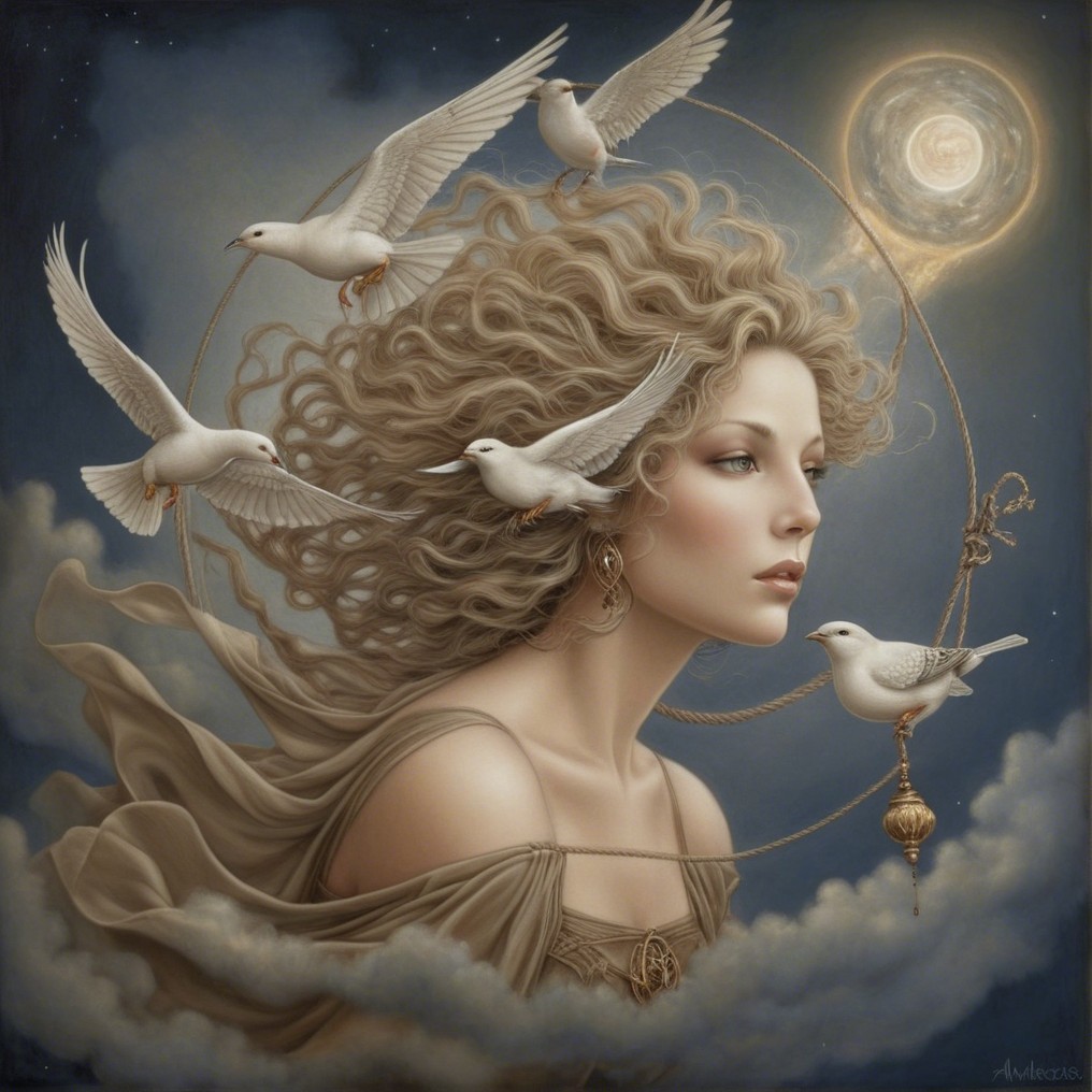 Serene woman with birds in a dreamy night sky