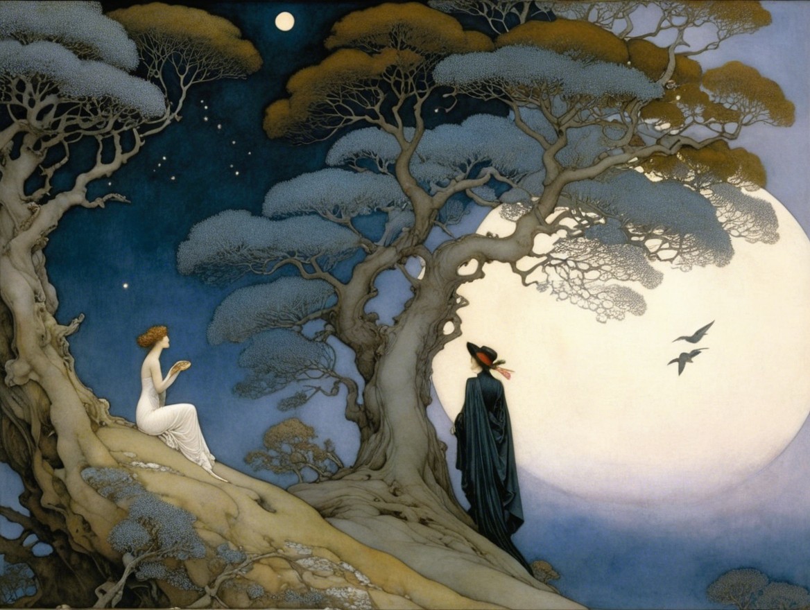 Serene Night Scene with Woman and Mysterious Figure