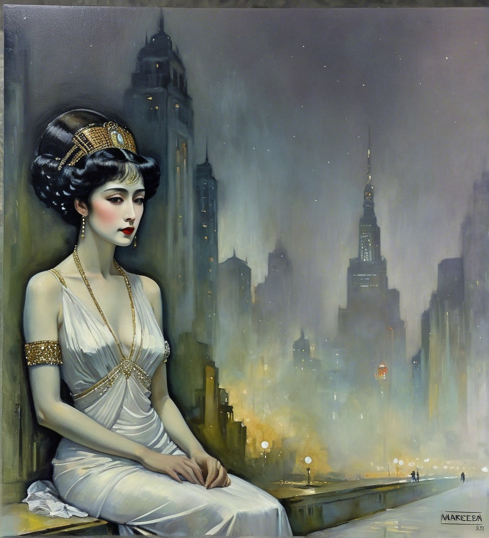 Glamorous Woman in White Dress Against Metropolis Skyline