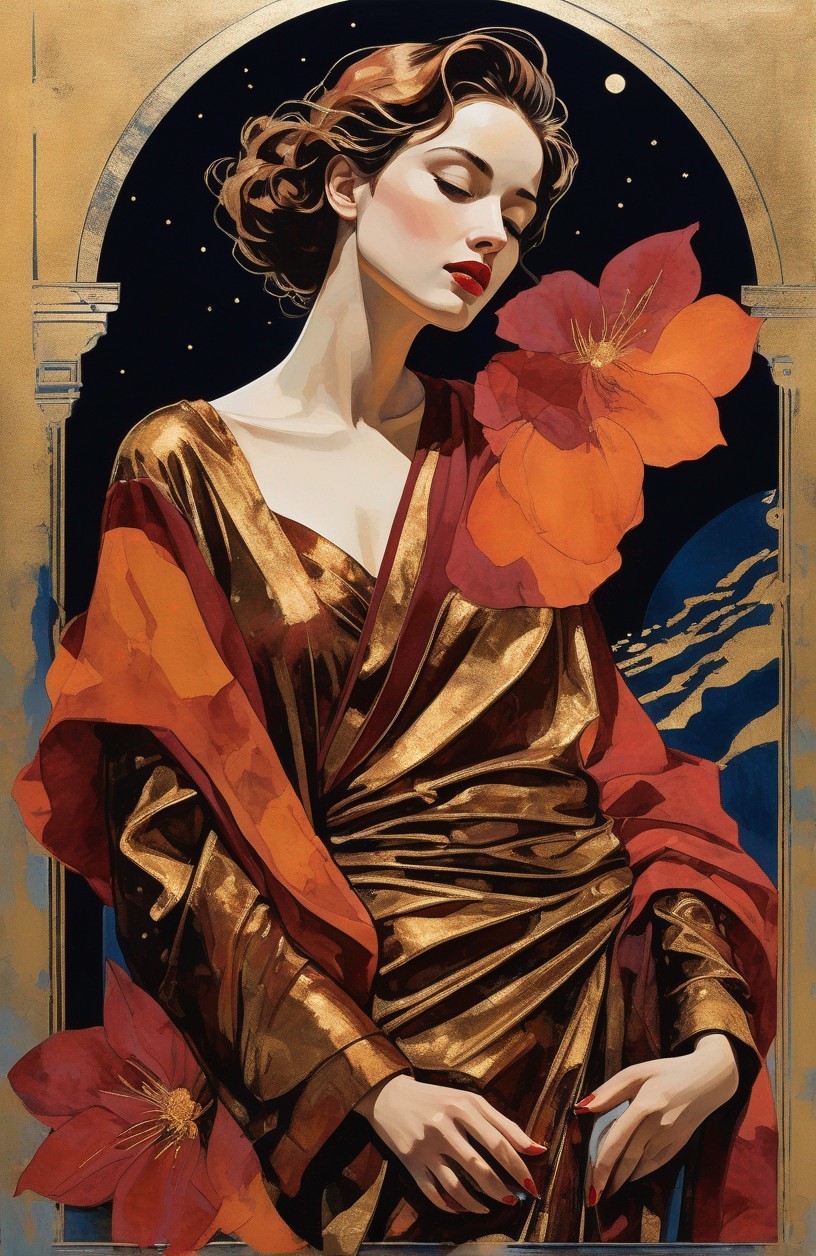 Illustrated woman in gold gown with red flowers and columns against night sky.