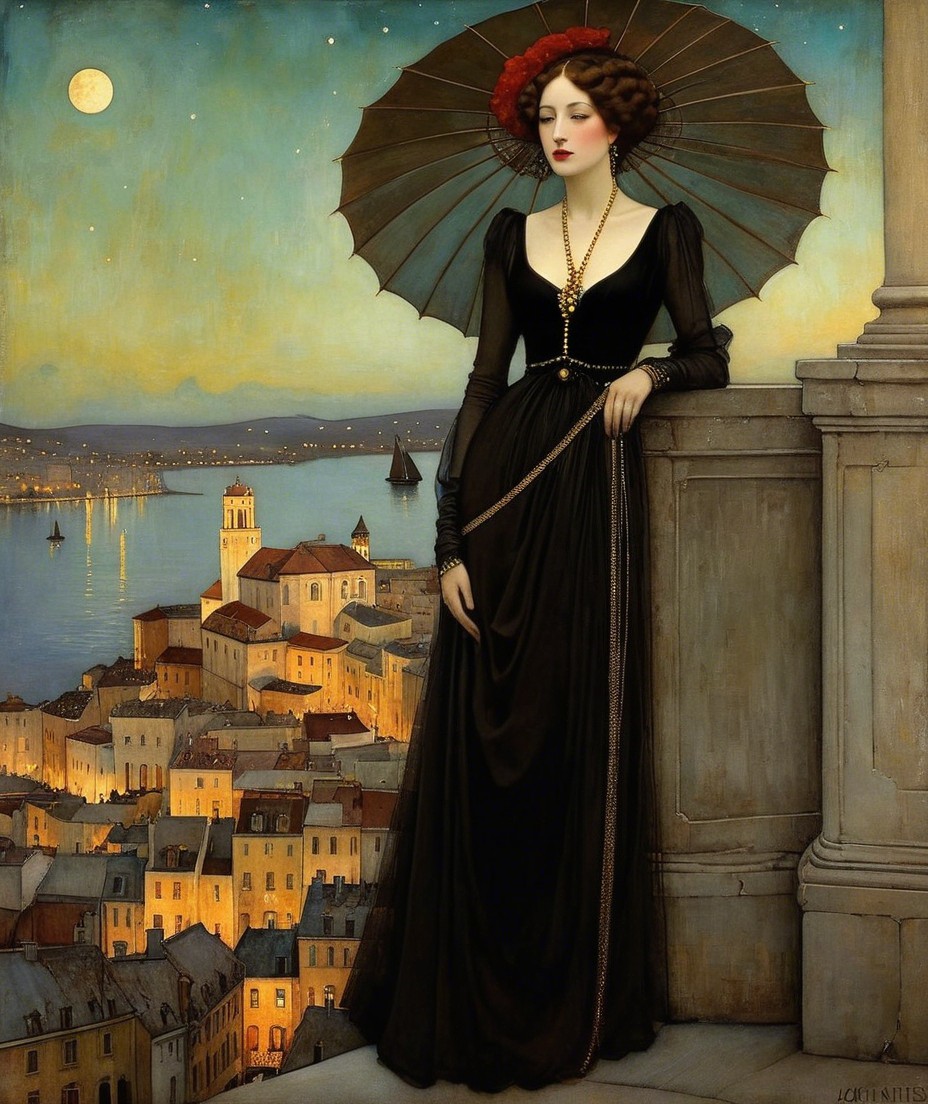 Elegant woman in black gown with parasol at twilight