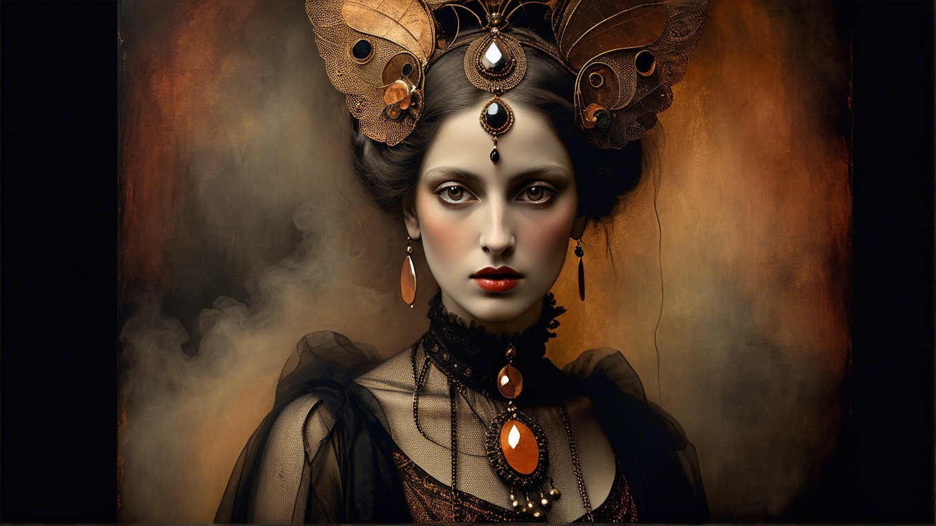 Elegant figure in black gown with intricate accessories