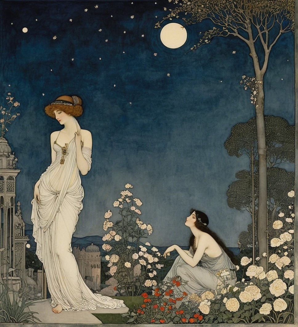 Tranquil Night Scene with Women in Elegant Attire