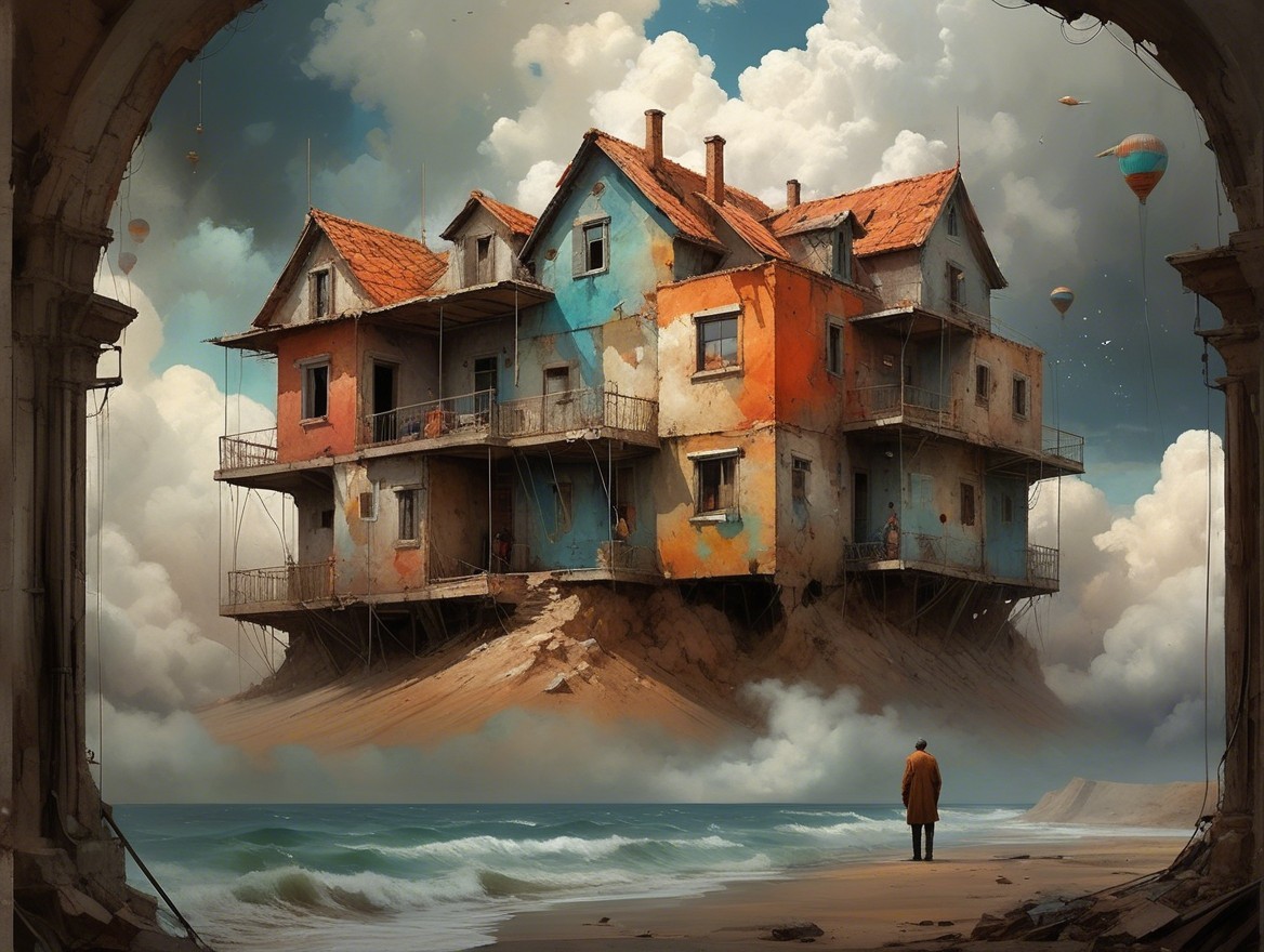 Surreal Floating House Above the Sea with Balloons