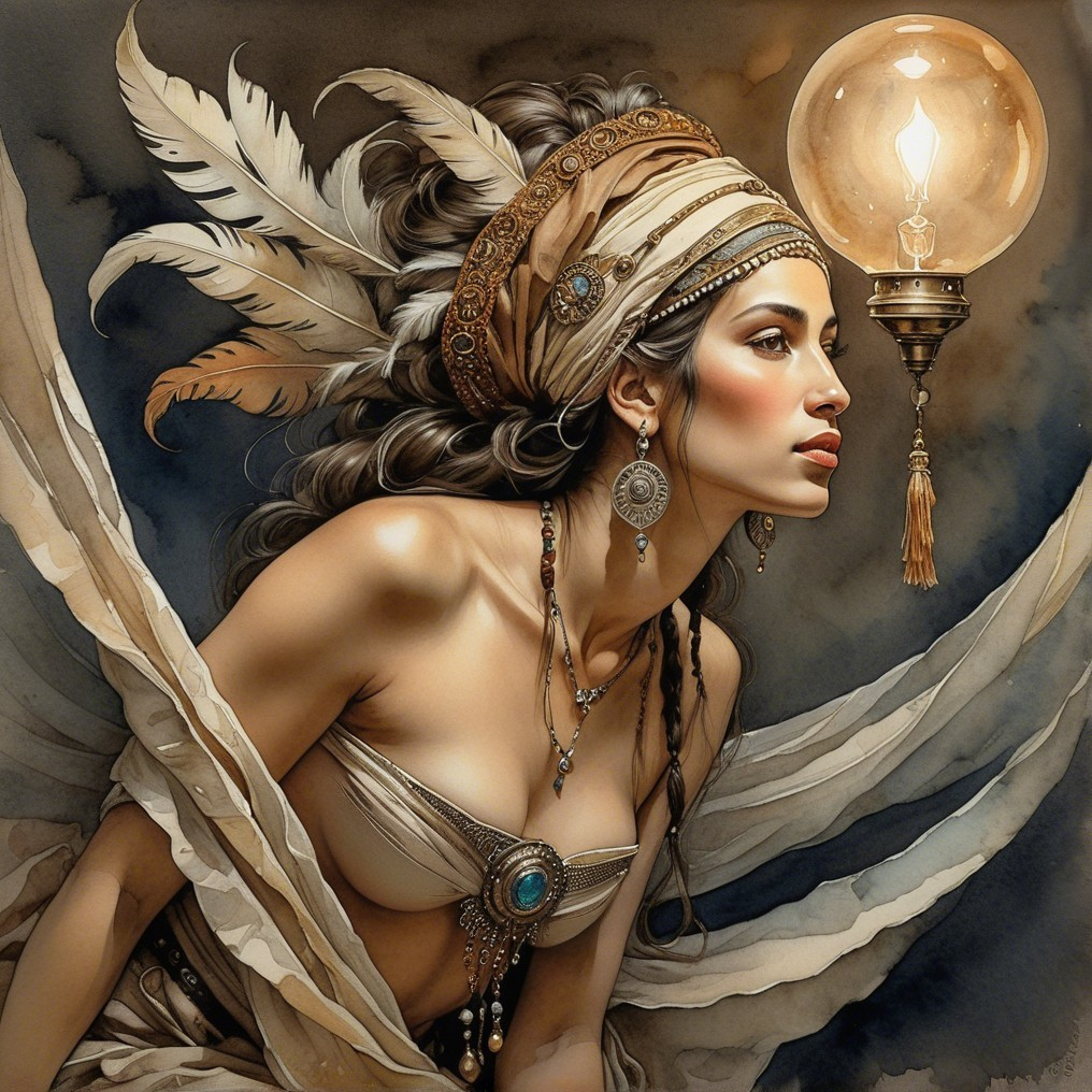 Elegant Woman in Jewelry with Flowing Garment and Feathers
