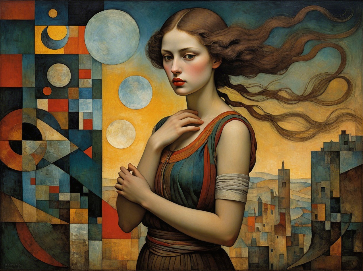 Woman in Striped Dress Against Surreal Geometric Background