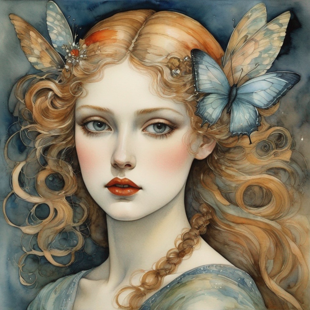 Portrait of a Young Woman with Golden Hair and Butterflies