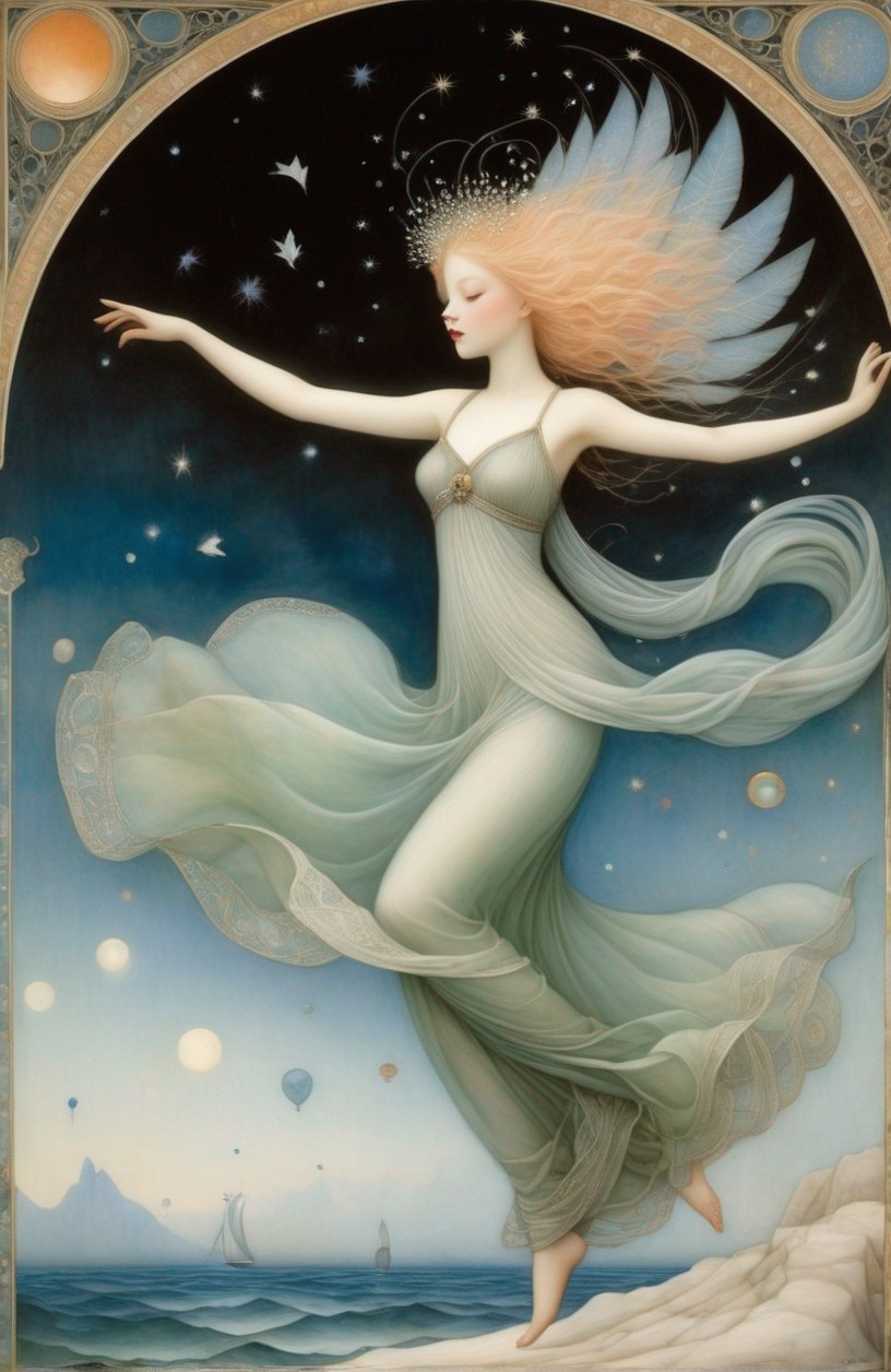 Ethereal woman floating in star-filled sky with sea and ships below
