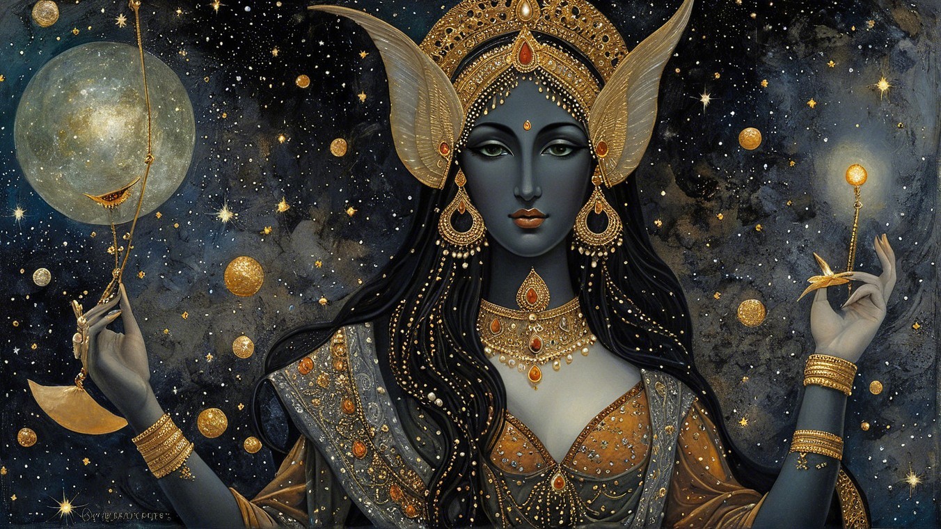 Celestial Goddess in Starry Night Sky with Jewelry