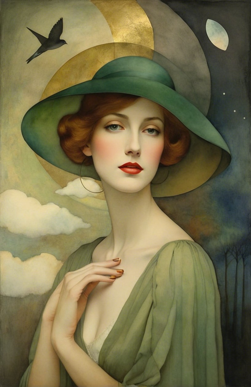 Portrait of a Woman in Green Hat and Dress