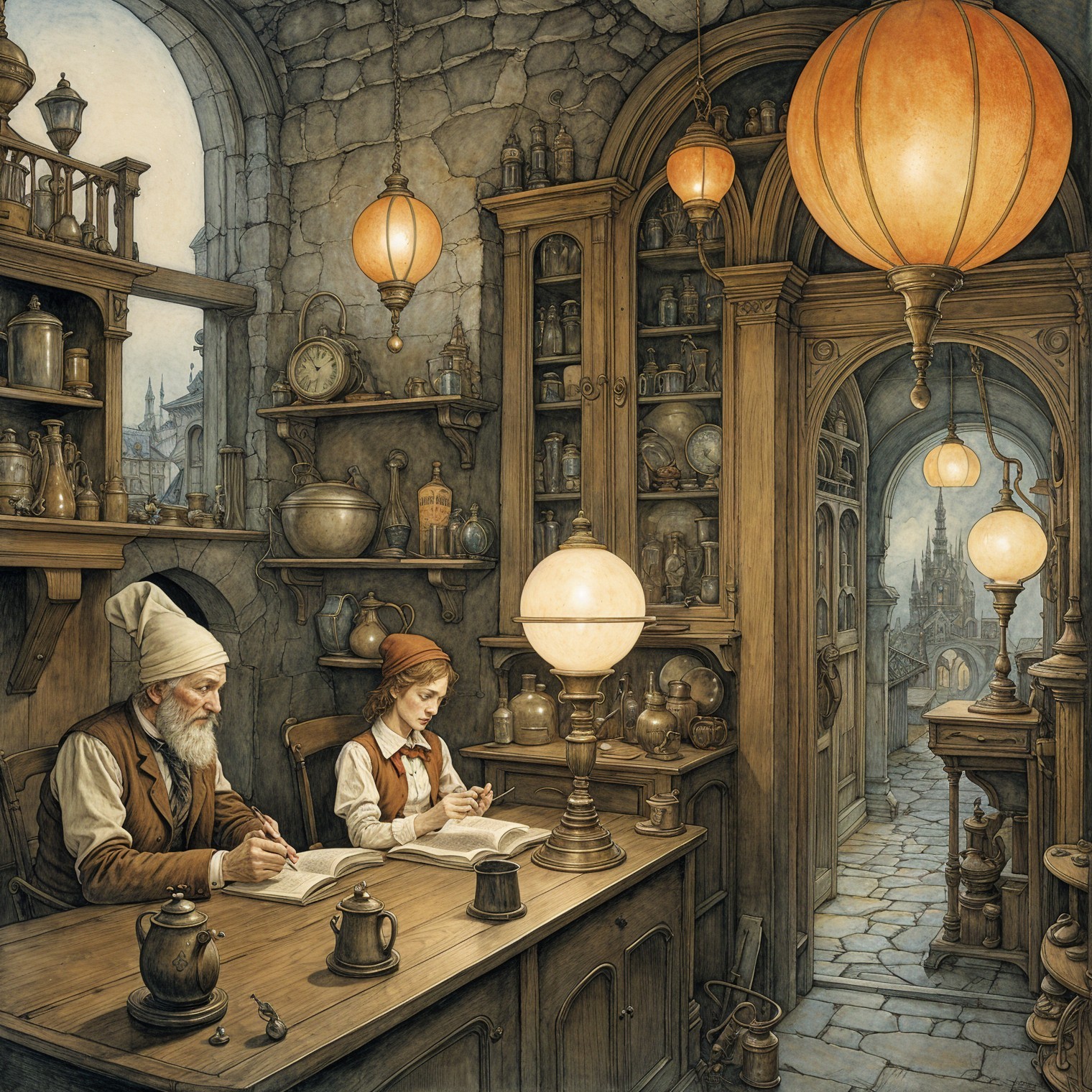 Cozy Shop with Elderly Man and Child Writing Together