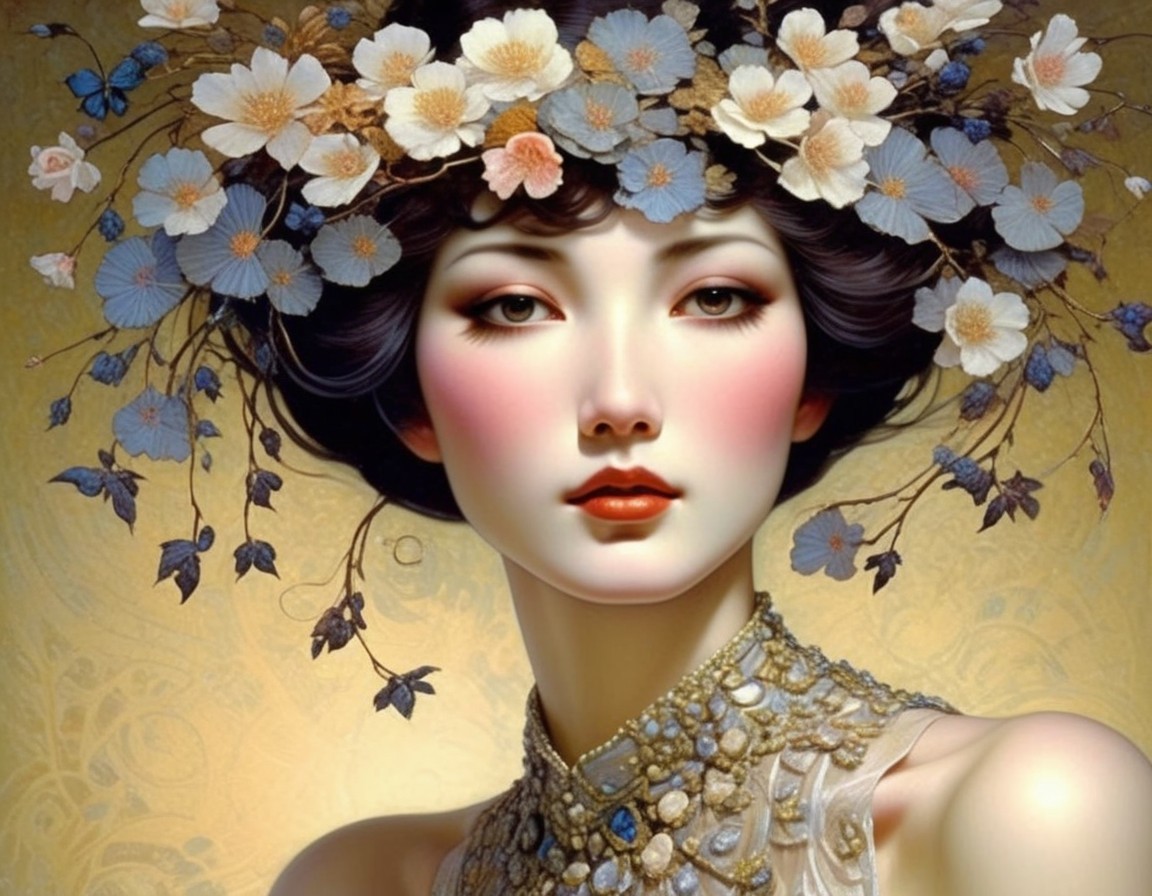 Ethereal Woman in Elegant Attire with Floral Background