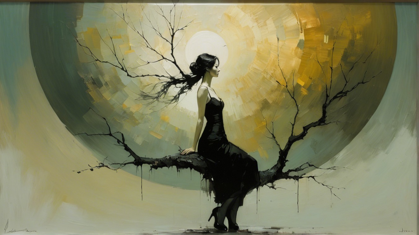 Solitary Figure in Black Dress Against Moonlit Background