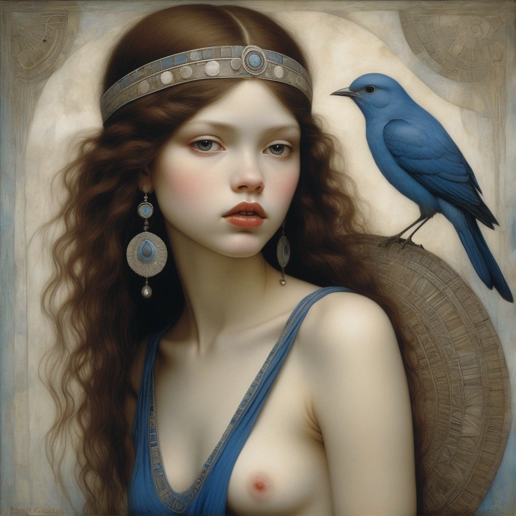Portrait of woman with curly hair in blue dress and headband with bluebird.
