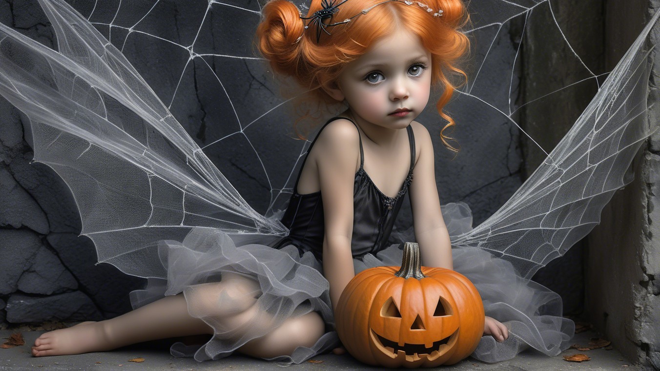 Whimsical Halloween Scene with Girl and Pumpkin