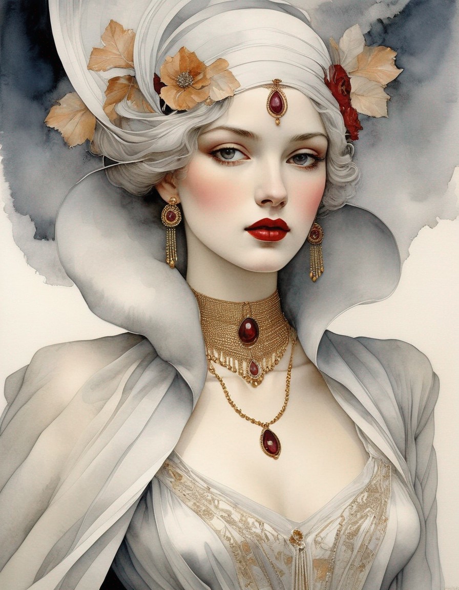 Elegant Woman with Pale Skin and Ruby-Red Lips