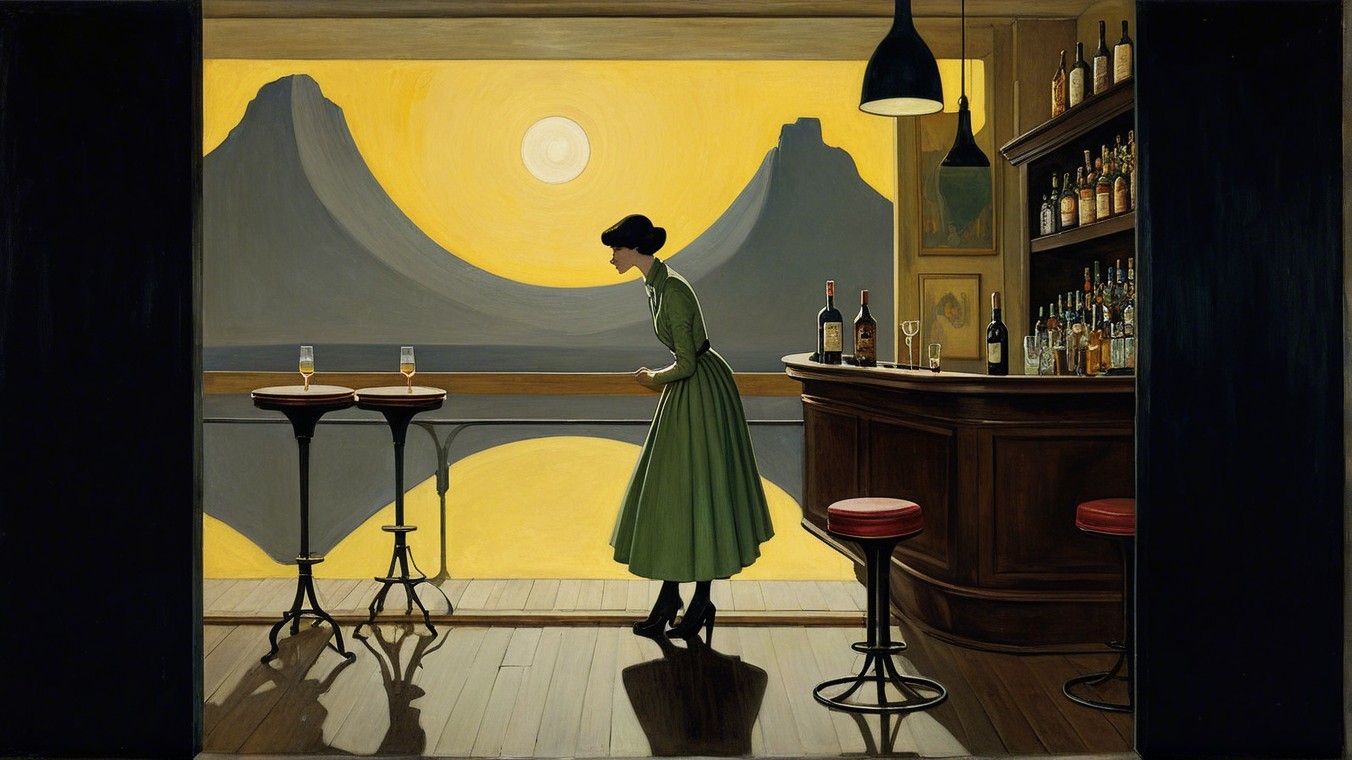 Cozy Bar Scene with Woman and Mountain Sunset