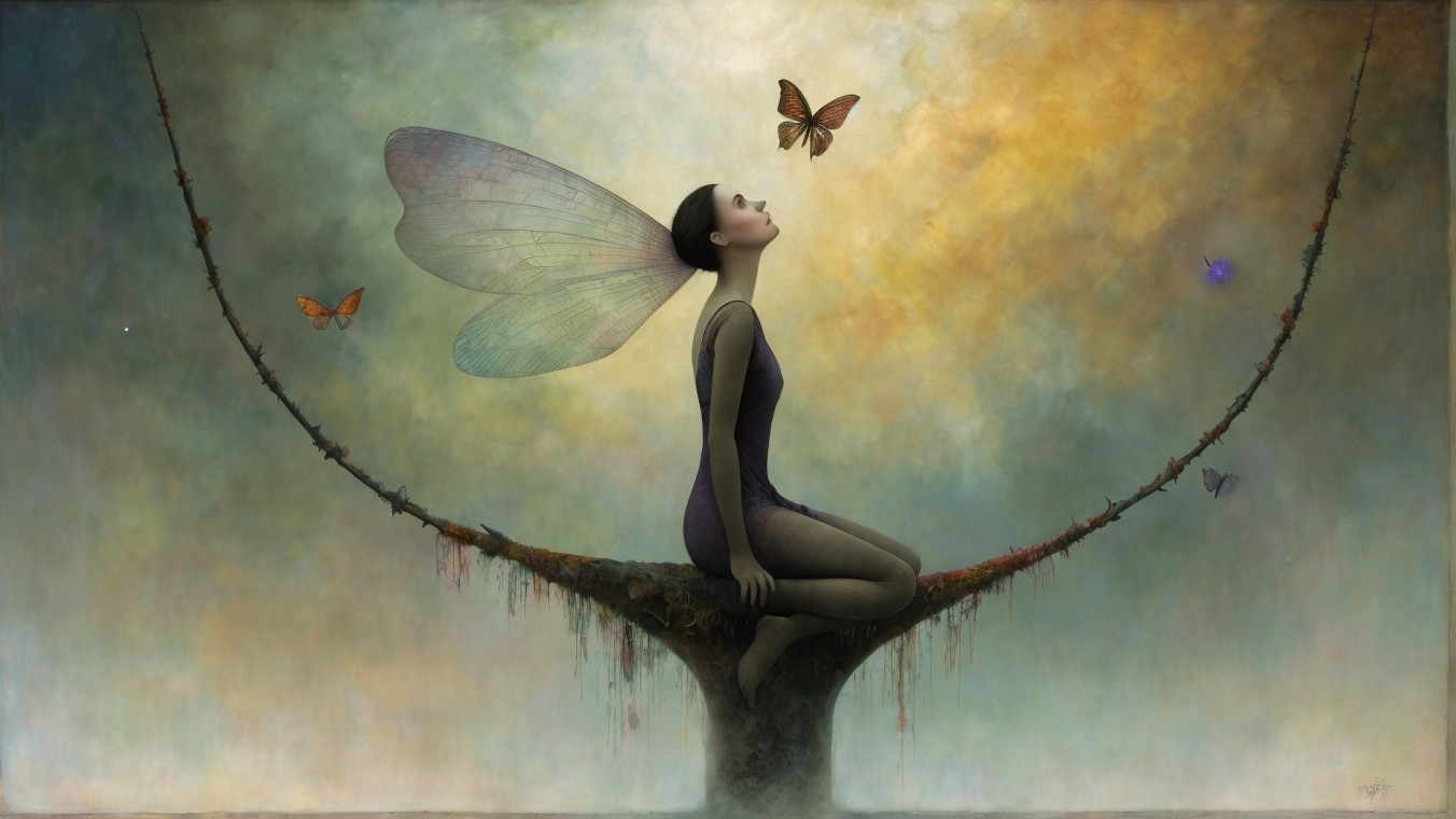Serene figure with translucent wings on a branch