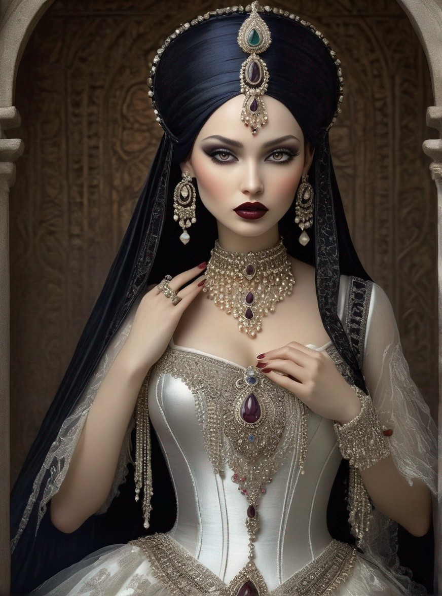 Dark-haired woman in turban and jewelry poses regally on ornate backdrop