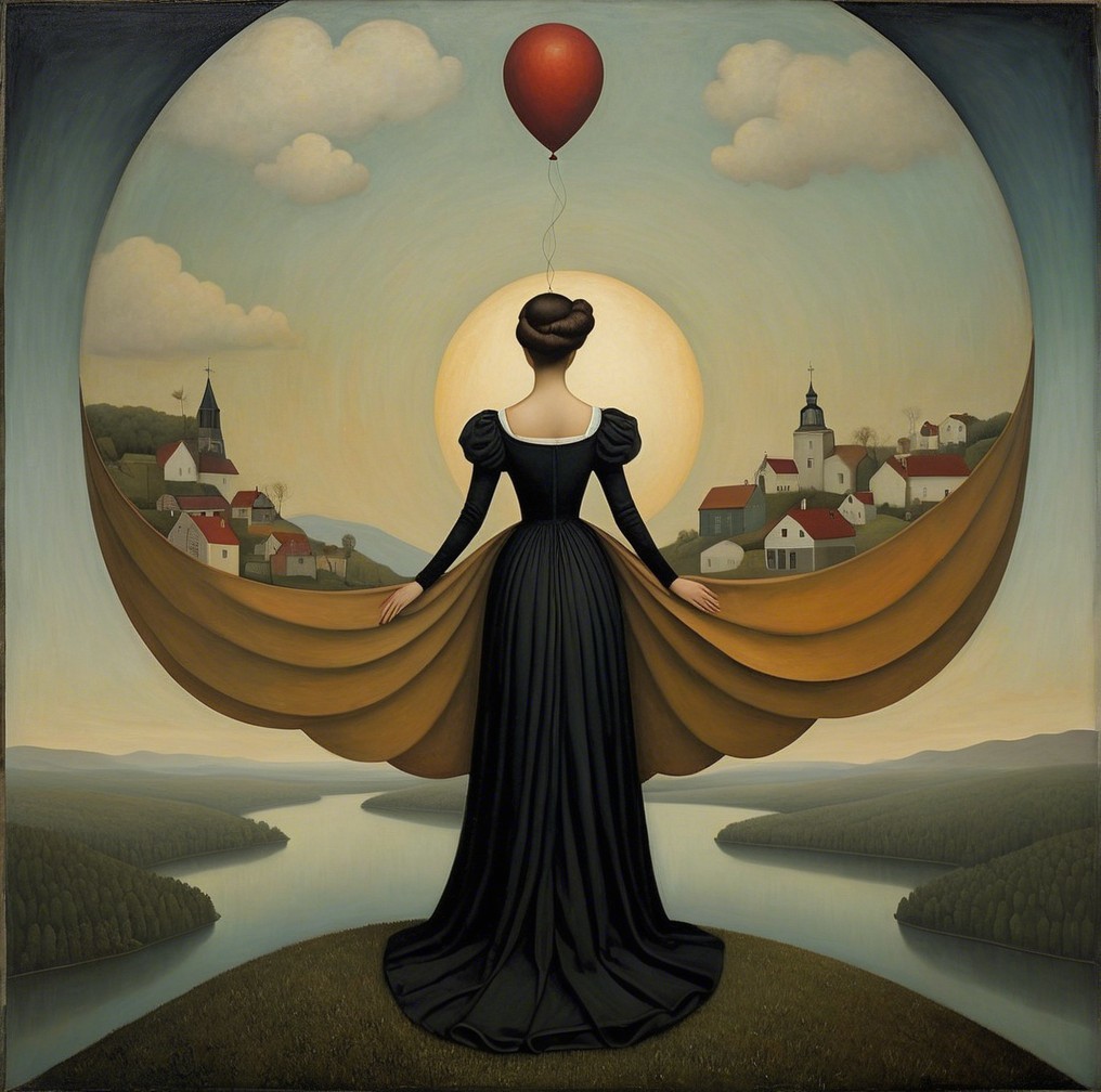 Elegant Woman in Black Gown with Red Balloon in Landscape