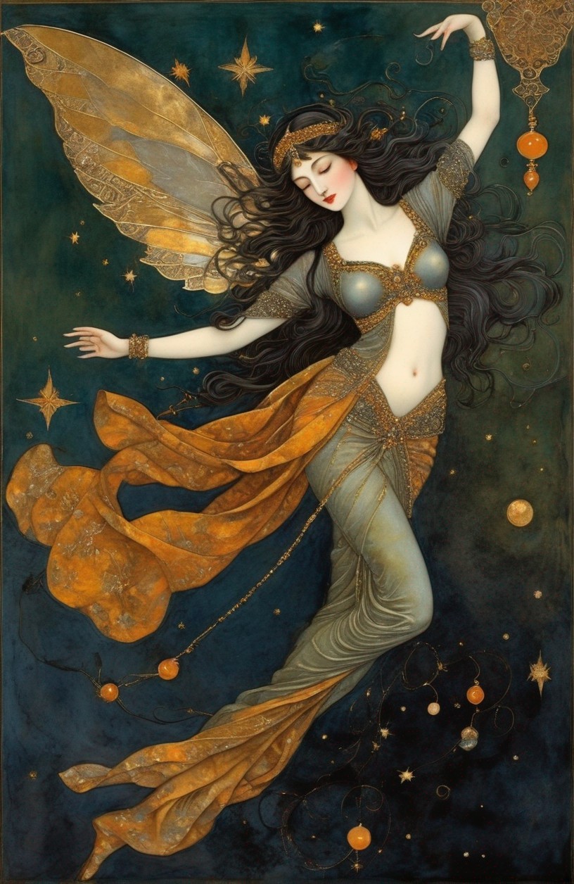 Fairy Dancing in a Starlit Background with Wings