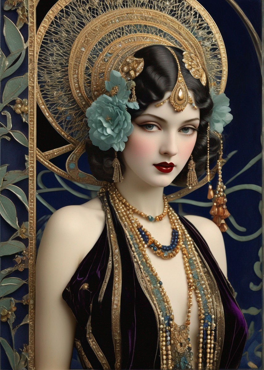 1920s Style Woman in Velvet Dress with Floral Accents