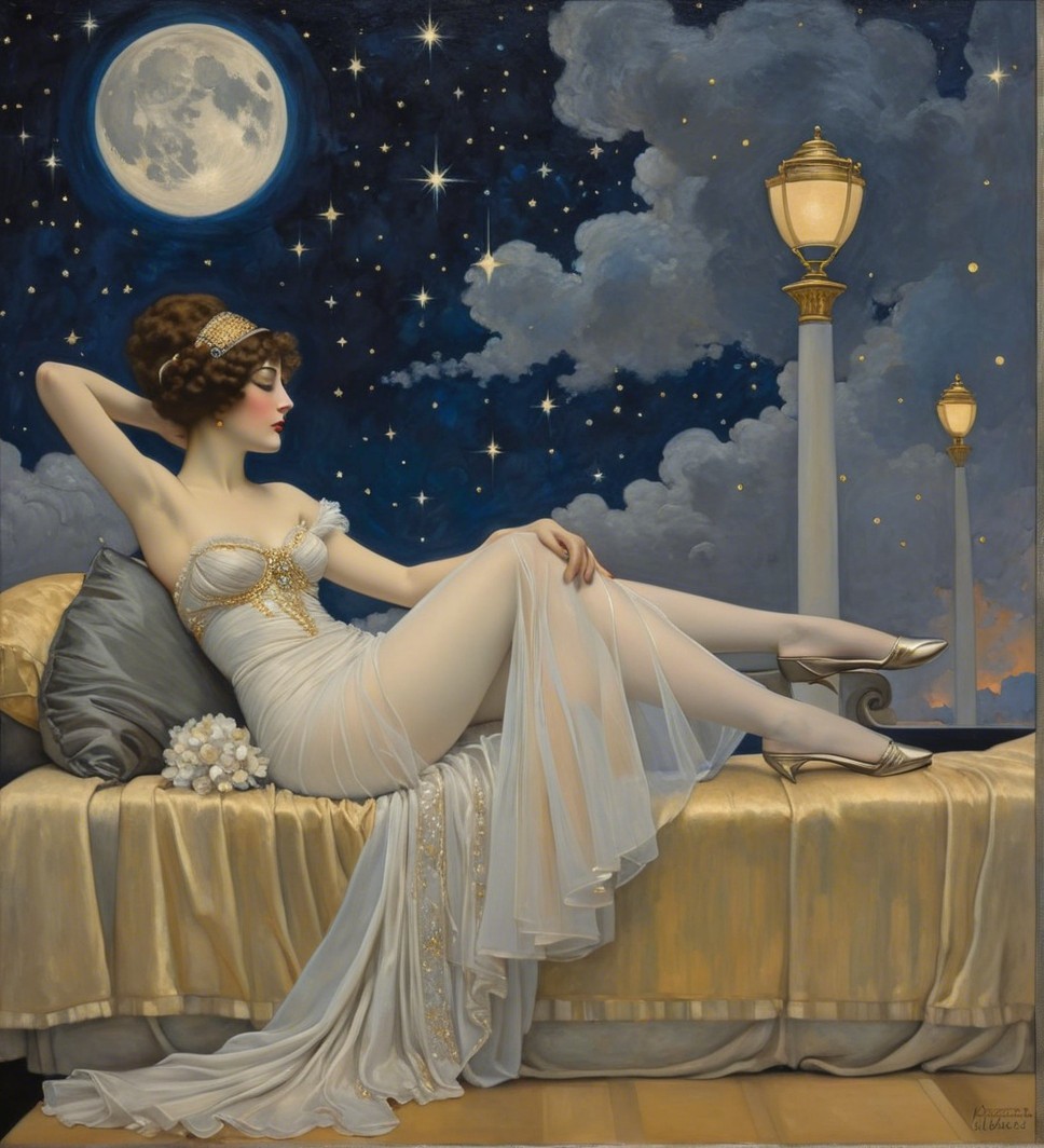 Glamorous Woman in Sheer Gown on Luxurious Bed