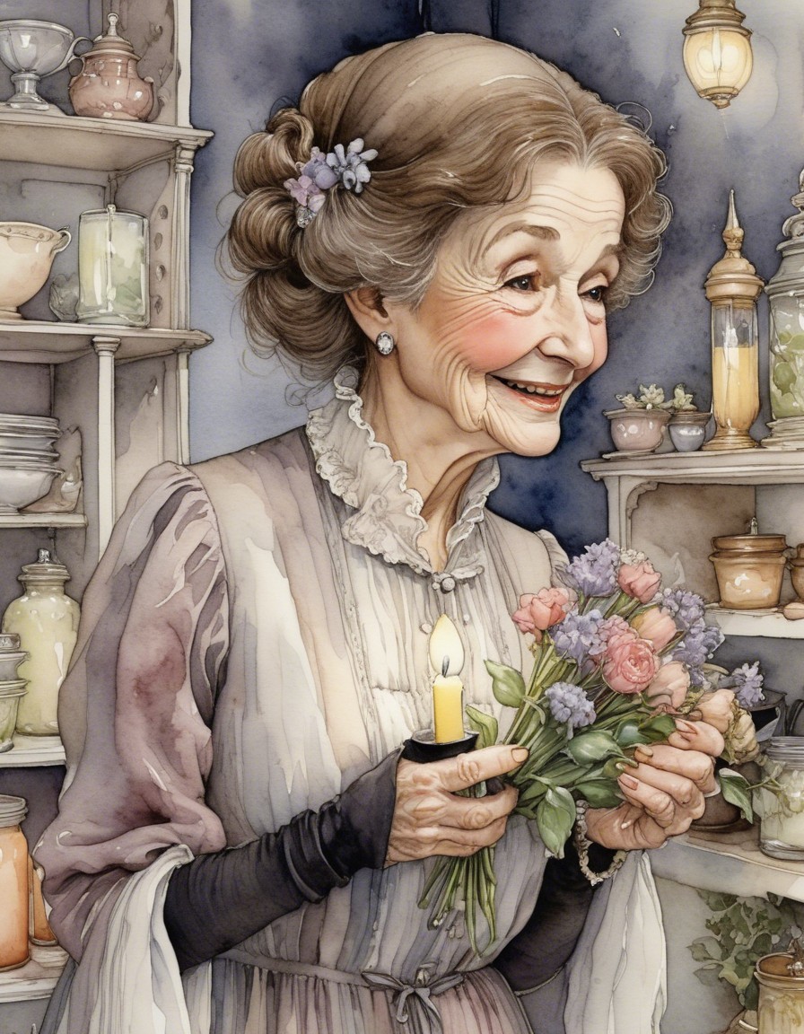 Elderly Woman with Flowers and Candle in Vintage Setting